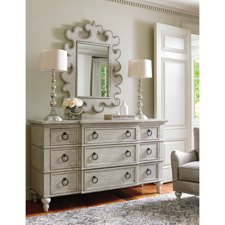Transitional Barrett Cream Wood Dresser Mirror with Nailhead Trim