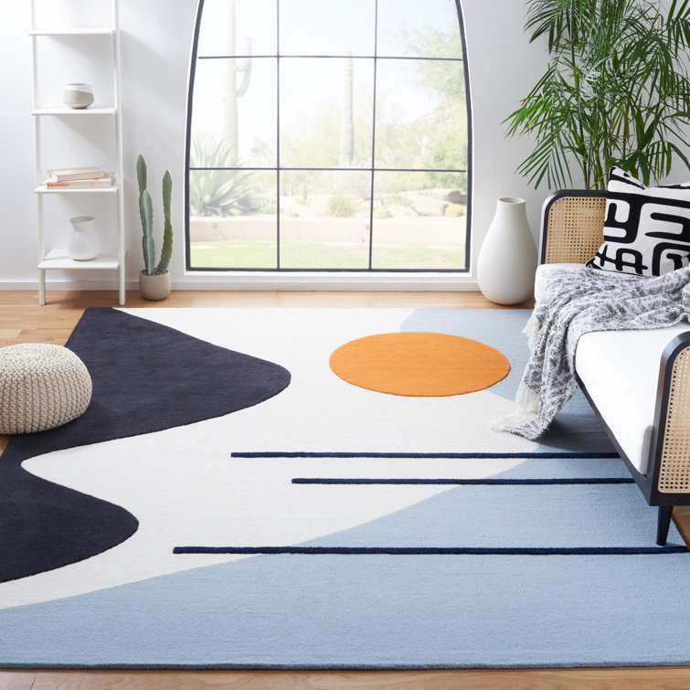 Ivory and Blue Abstract Wool 10' x 14' Rug