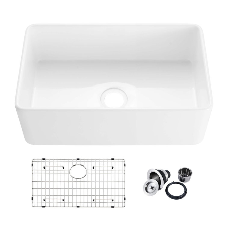 30" White Fireclay Farmhouse Kitchen Sink with Bottom Grid and Strainer
