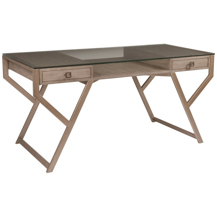 Grigio Gray Mahogany Writing Desk with Glass Top and Drawers