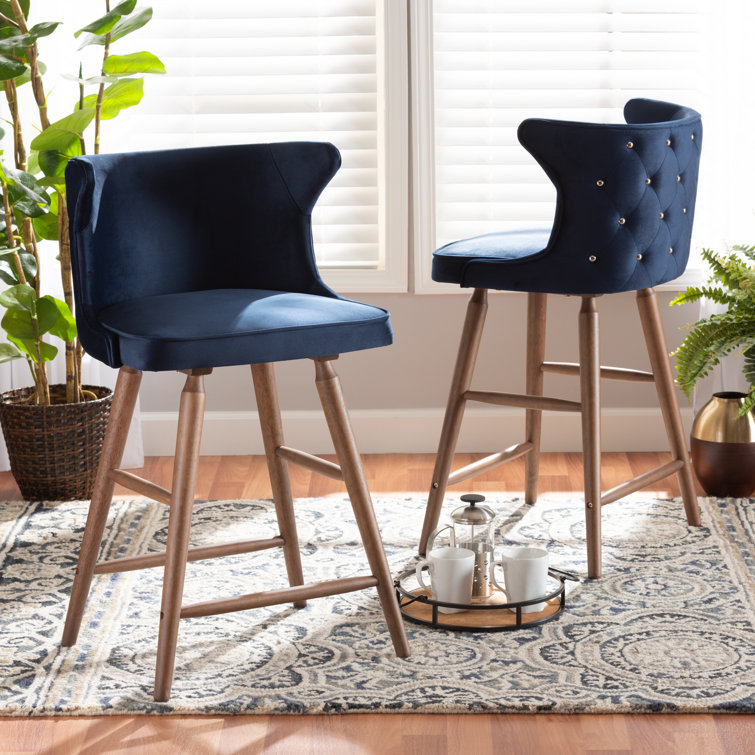 Navy Blue Velvet and Walnut Wood Counter Stools, Set of 2