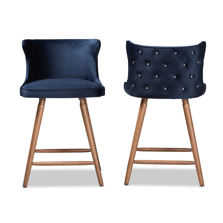 Navy Blue Velvet and Walnut Wood Counter Stools, Set of 2