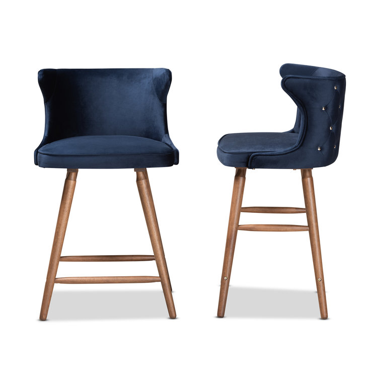 Navy Blue Velvet and Walnut Wood Counter Stools, Set of 2