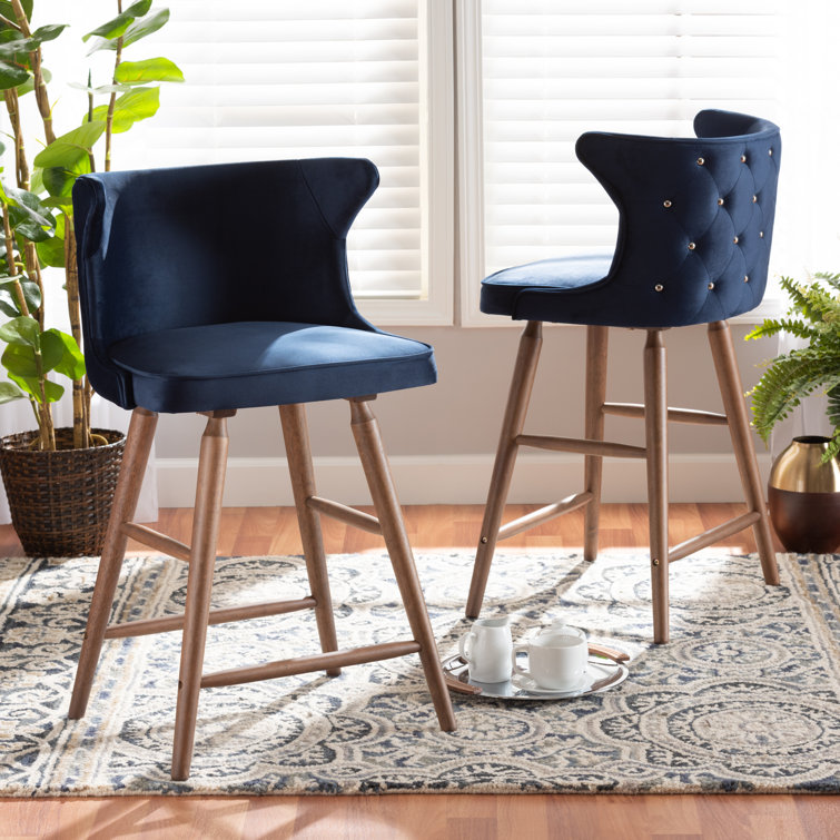 Navy Blue Velvet and Walnut Wood Counter Stools, Set of 2