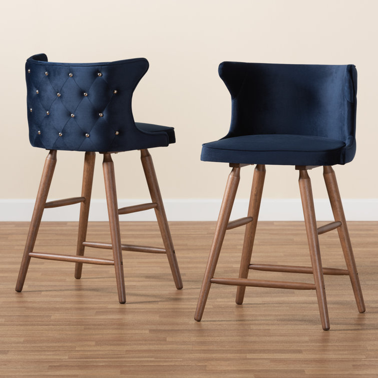 Navy Blue Velvet and Walnut Wood Counter Stools, Set of 2