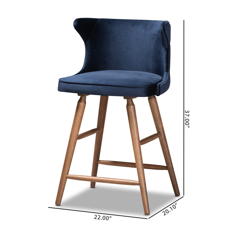 Navy Blue Velvet and Walnut Wood Counter Stools, Set of 2
