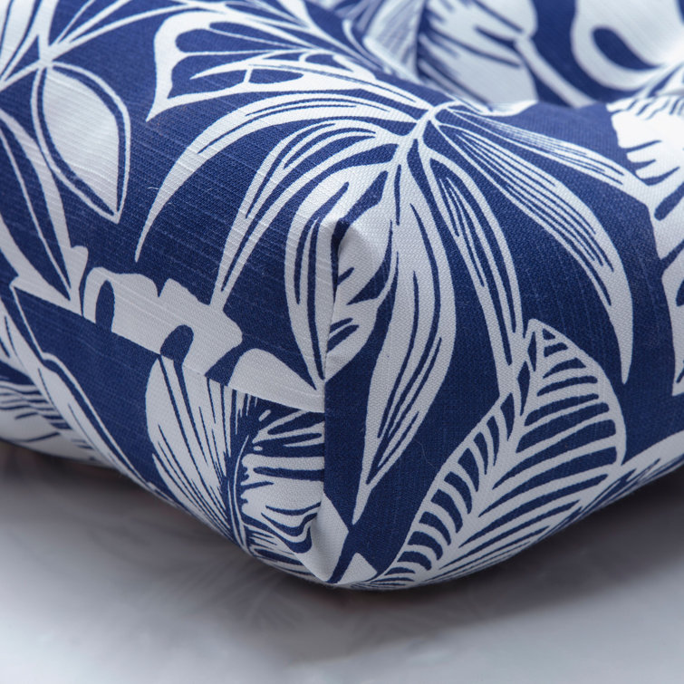 Navy Blue Polyester Outdoor Bench Cushion with White Leaf Pattern