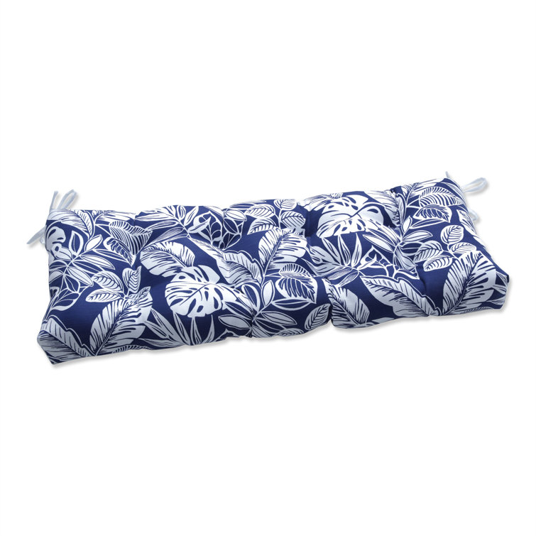 Navy Blue Polyester Outdoor Bench Cushion with White Leaf Pattern