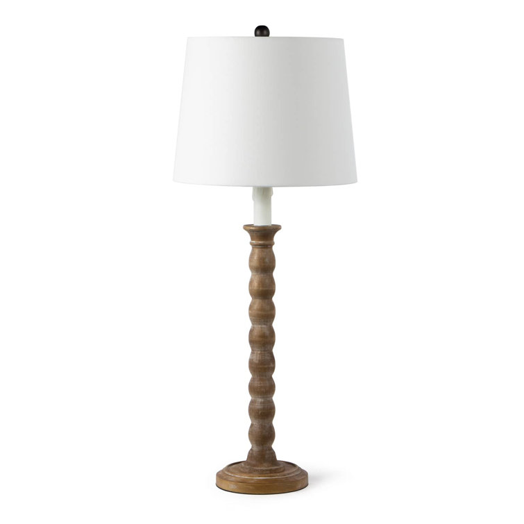 Natural Wood and Polished Brass Buffet Lamp with Linen Shade