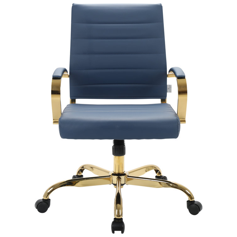 Navy Blue Mid-Century Modern Swivel Leather Office Chair with Gold Metal Frame