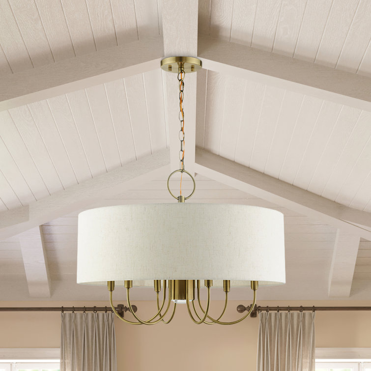 Blossom Antique Brass 7-Light Drum Chandelier with Oatmeal Shade