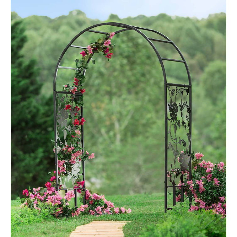 Black Metal Arched Garden Arbor with Hummingbird Design