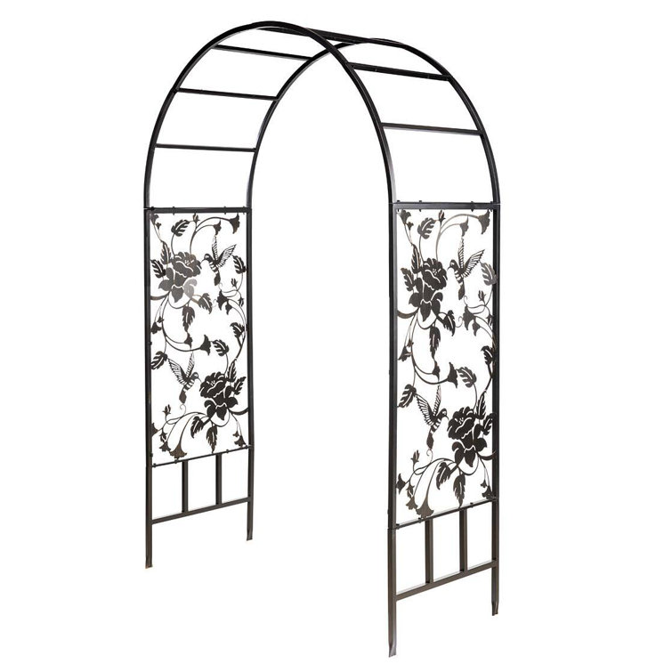Black Metal Arched Garden Arbor with Hummingbird Design