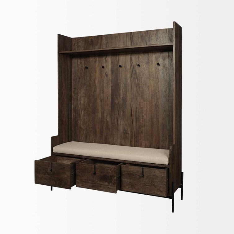 Glenn V Dark Brown Mango Wood Hall Tree with Storage and Cream Fabric Seat