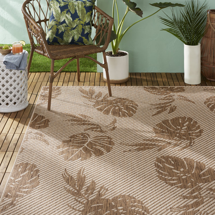 Beige and Brown Synthetic Rectangular 5' x 7' Palm Leaf Area Rug