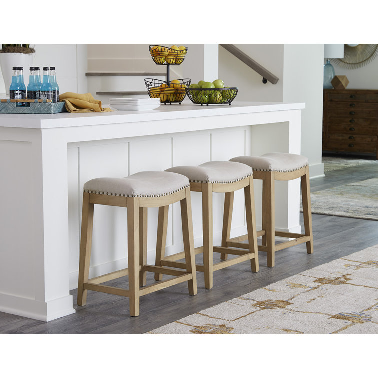 Beige Linen Upholstered Backless Saddle Counter Stool