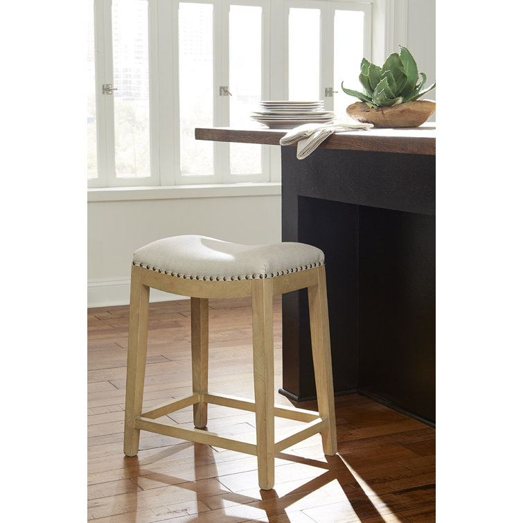 Beige Linen Upholstered Backless Saddle Counter Stool