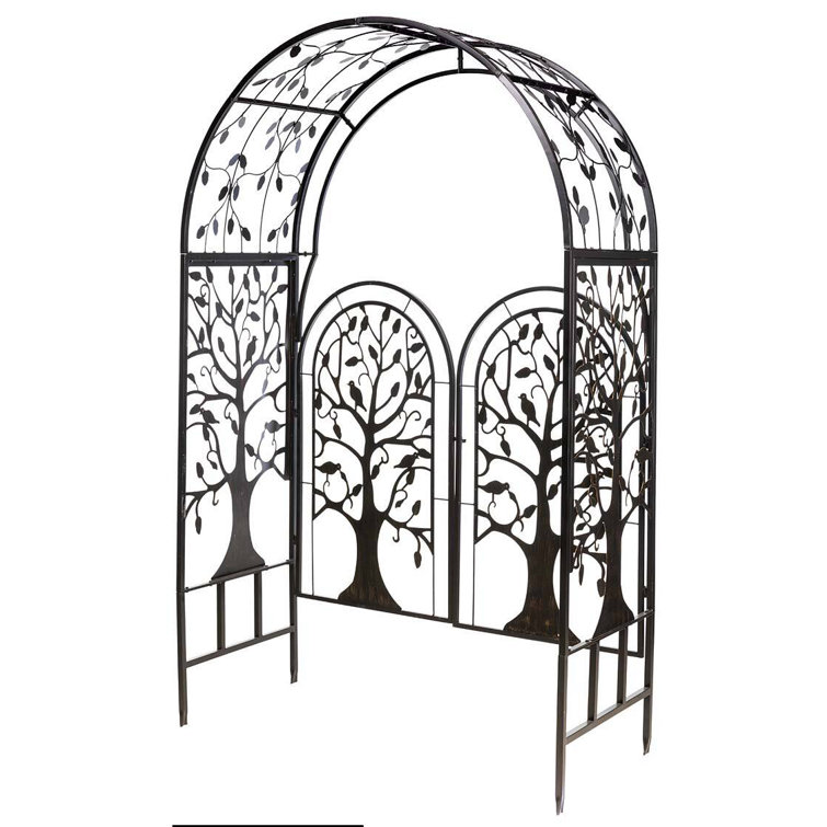 Burnished Bronze Metal Tree of Life Arched Garden Arbor with Gate