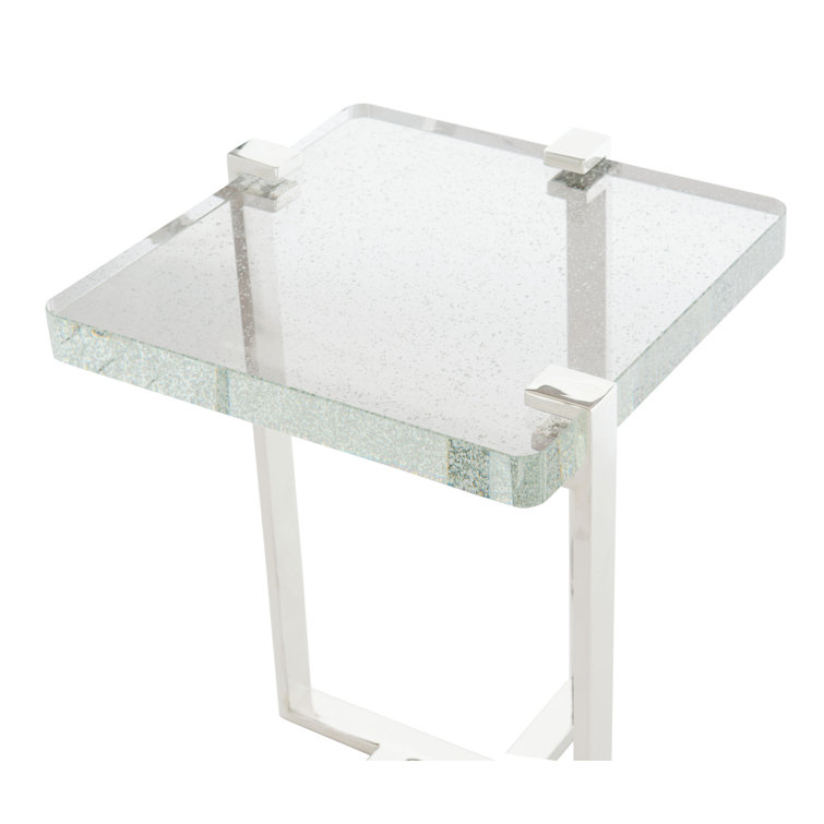 Transitional Silver Rectangular Metal and Glass End Table