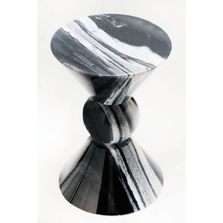 Transitional Black and White Round Stone End Table, 12"