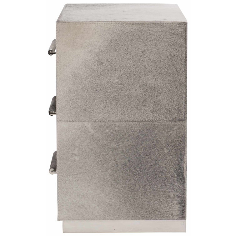 Beige Hair on Hide 3-Drawer Nightstand with Acrylic Pulls