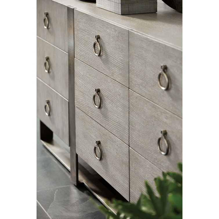 Gray Oak Transitional 9-Drawer Dresser with Aluminum Base