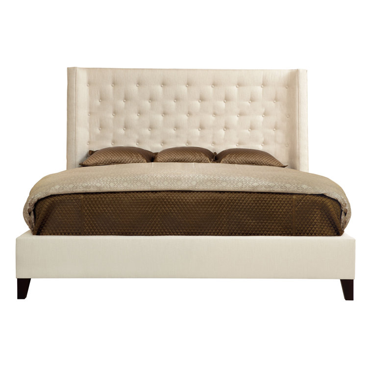 Beige Velvet Upholstered King Bed with Tufted Headboard