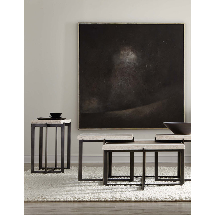 Transitional Laminated White Travertine Stone Square End Table