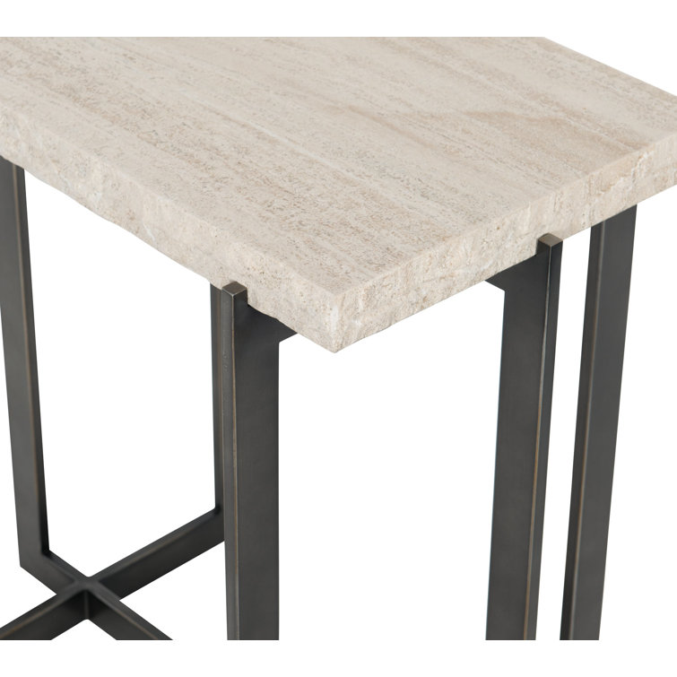 Transitional Brown and White Bar Height Side Table with Laminated Travertine Top