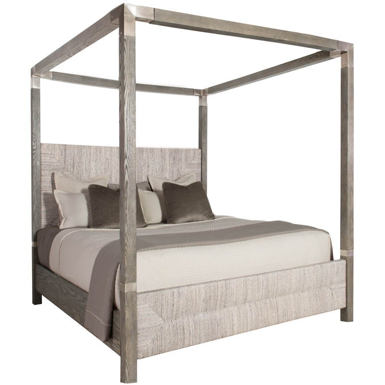 Rustic Gray Oak King Canopy Bed with Woven Headboard