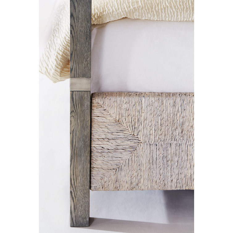Rustic Gray Oak King Canopy Bed with Woven Headboard