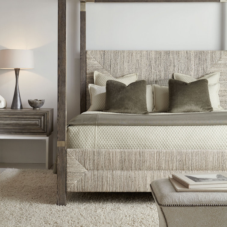 Rustic Gray Oak King Canopy Bed with Woven Headboard