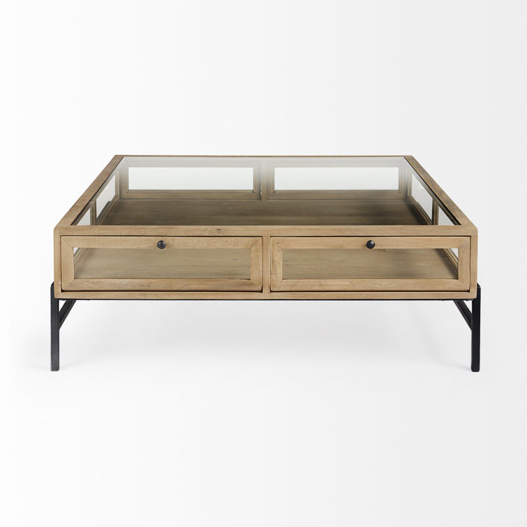 Light Brown Mango Wood and Glass Square Coffee Table with Storage