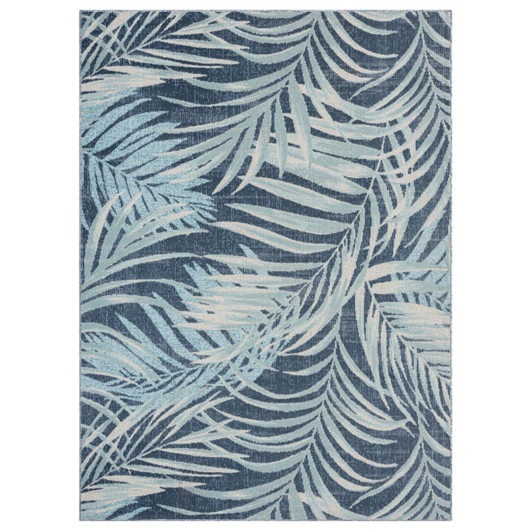 Navy Blue and Aqua Palm Leaf 8' x 10' Indoor/Outdoor Rug