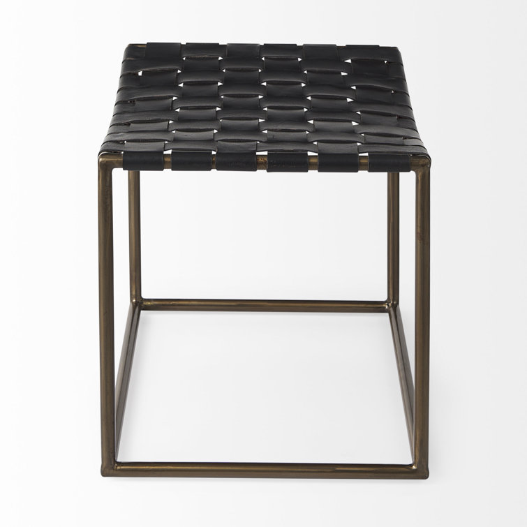 Sherill Black Leather Woven Industrial Accent Stool