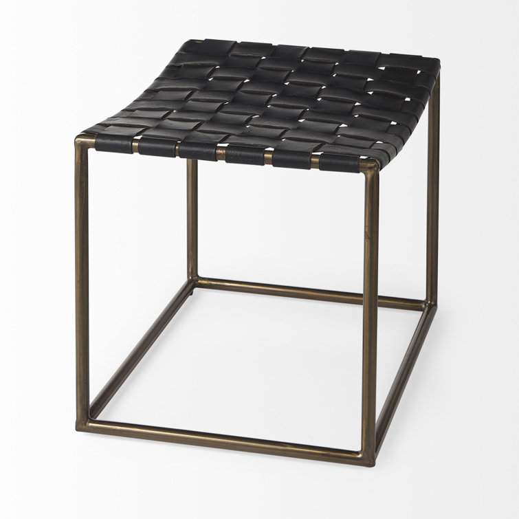 Sherill Black Leather Woven Industrial Accent Stool