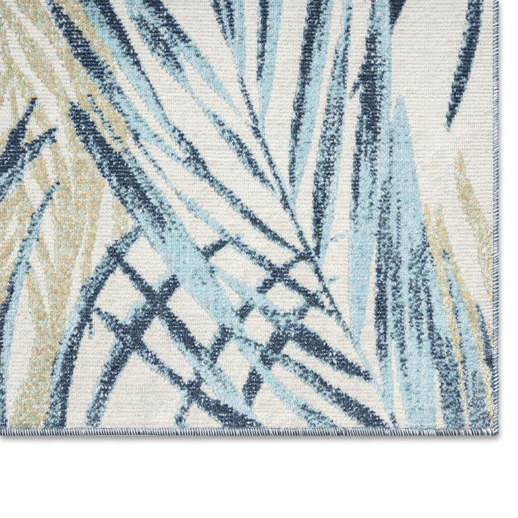 Ivory and Aqua Blue Palm Leaf 5' x 7' Indoor/Outdoor Rug