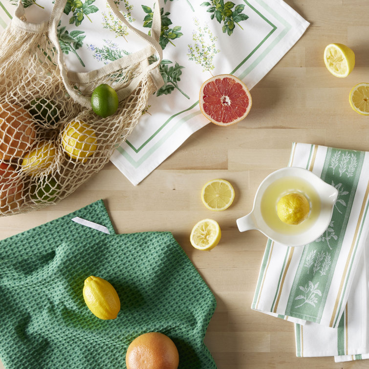 Green and White Cotton Jacquard Kitchen Towel Set of Three