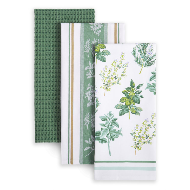 Green and White Cotton Jacquard Kitchen Towel Set of Three