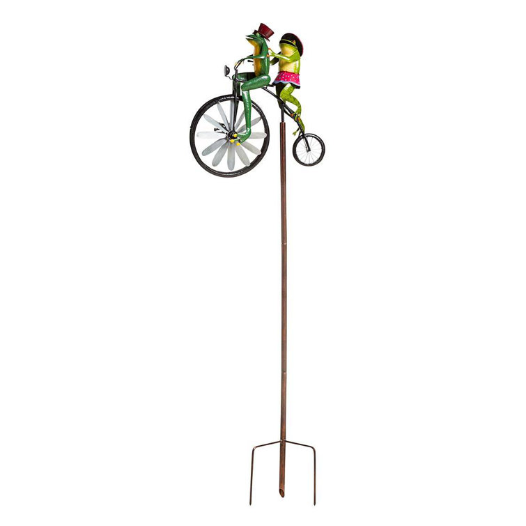 Handmade Colorful Metal Bicycling Frogs Wind Spinner Garden Stake