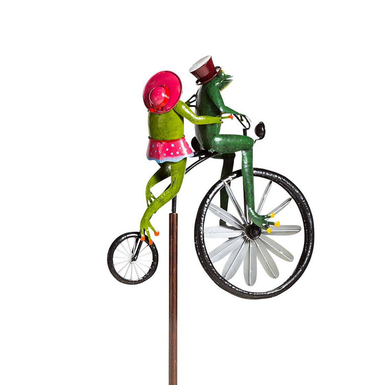 Handmade Colorful Metal Bicycling Frogs Wind Spinner Garden Stake