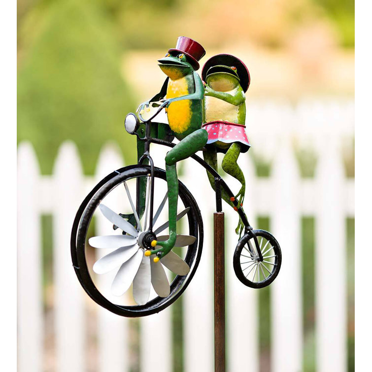 Handmade Colorful Metal Bicycling Frogs Wind Spinner Garden Stake