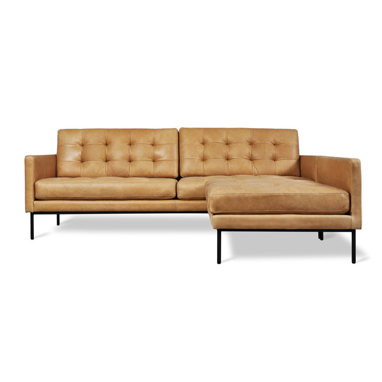 Mid-Century Tufted Canyon Whiskey Leather Sectional with Wood Accents