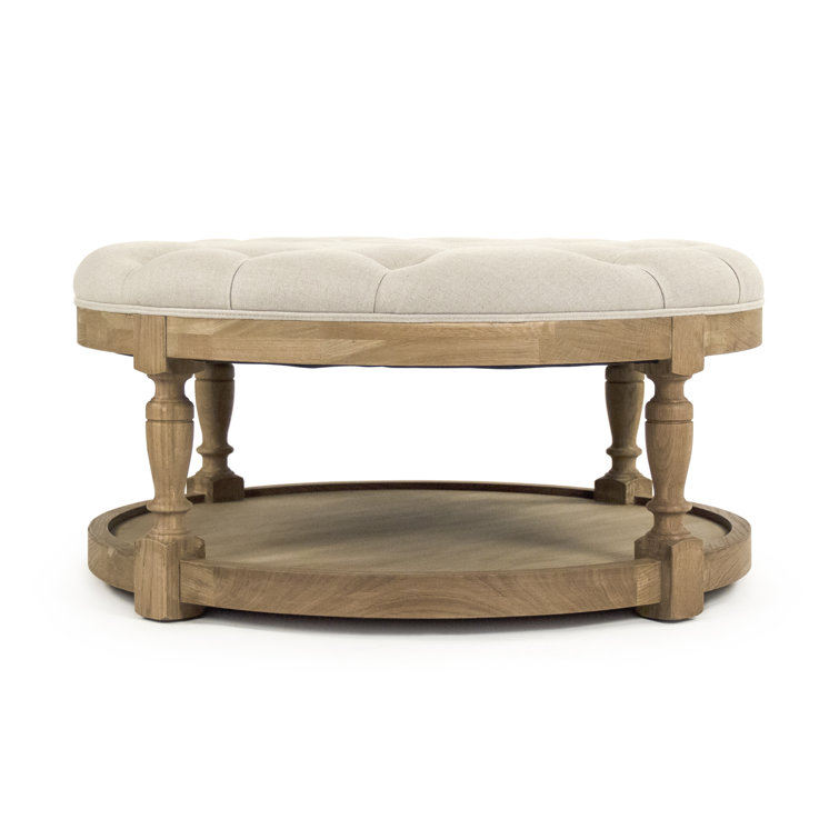 Natural Oak & Linen Round Tufted Upholstered Ottoman