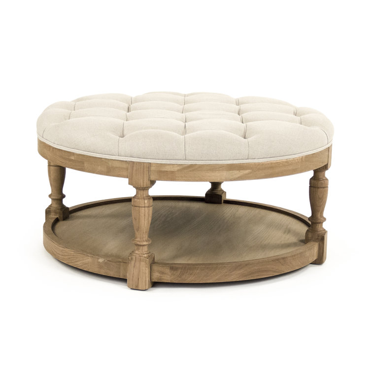 Natural Oak & Linen Round Tufted Upholstered Ottoman