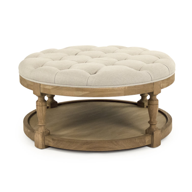 Natural Oak & Linen Round Tufted Upholstered Ottoman