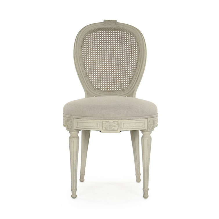 Elegant Beige Linen & Cane Wood Oval Back Side Chair