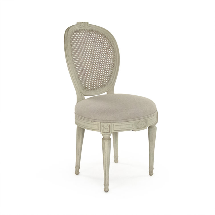 Elegant Beige Linen & Cane Wood Oval Back Side Chair
