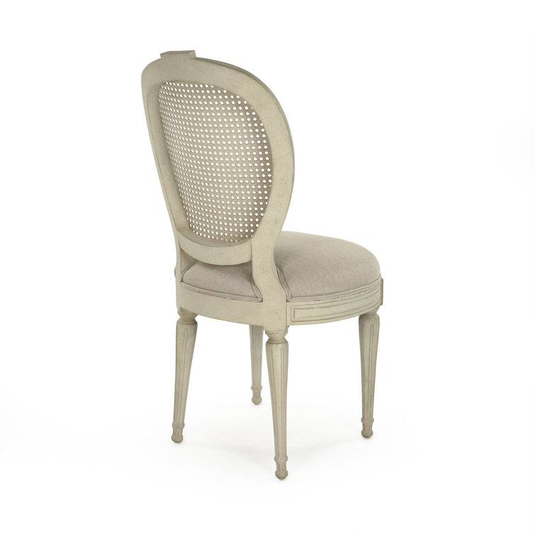 Elegant Beige Linen & Cane Wood Oval Back Side Chair
