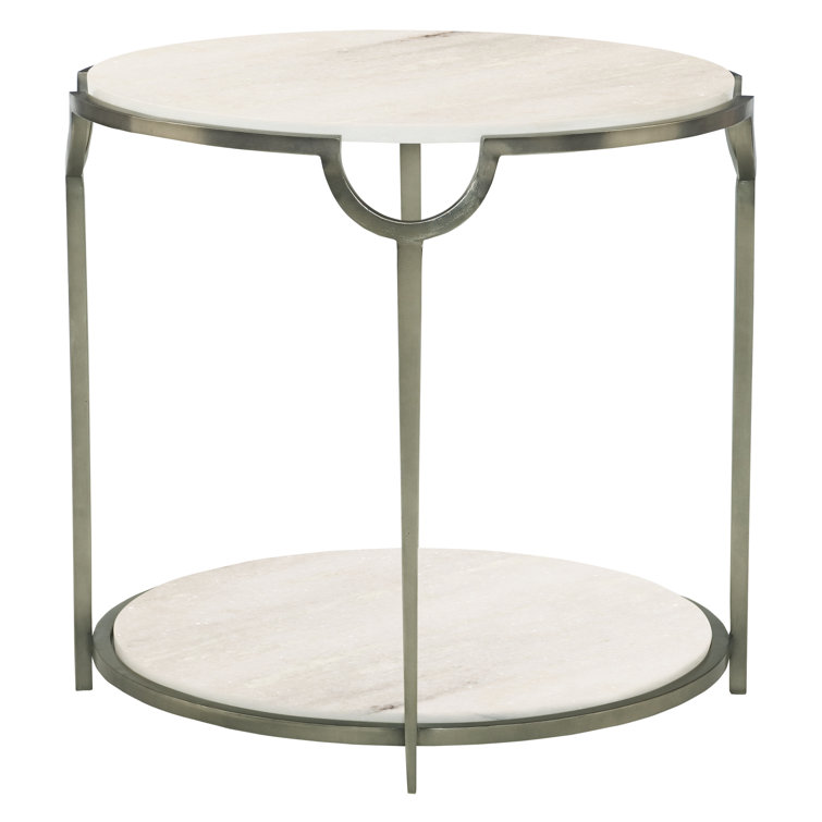Gray and White Round Faux Marble End Table with Metal Frame